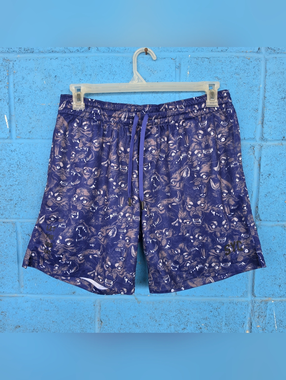 SYC Shorts Mens Large Blue Wolf Print Graphic Streetwear Drawstring Athletic